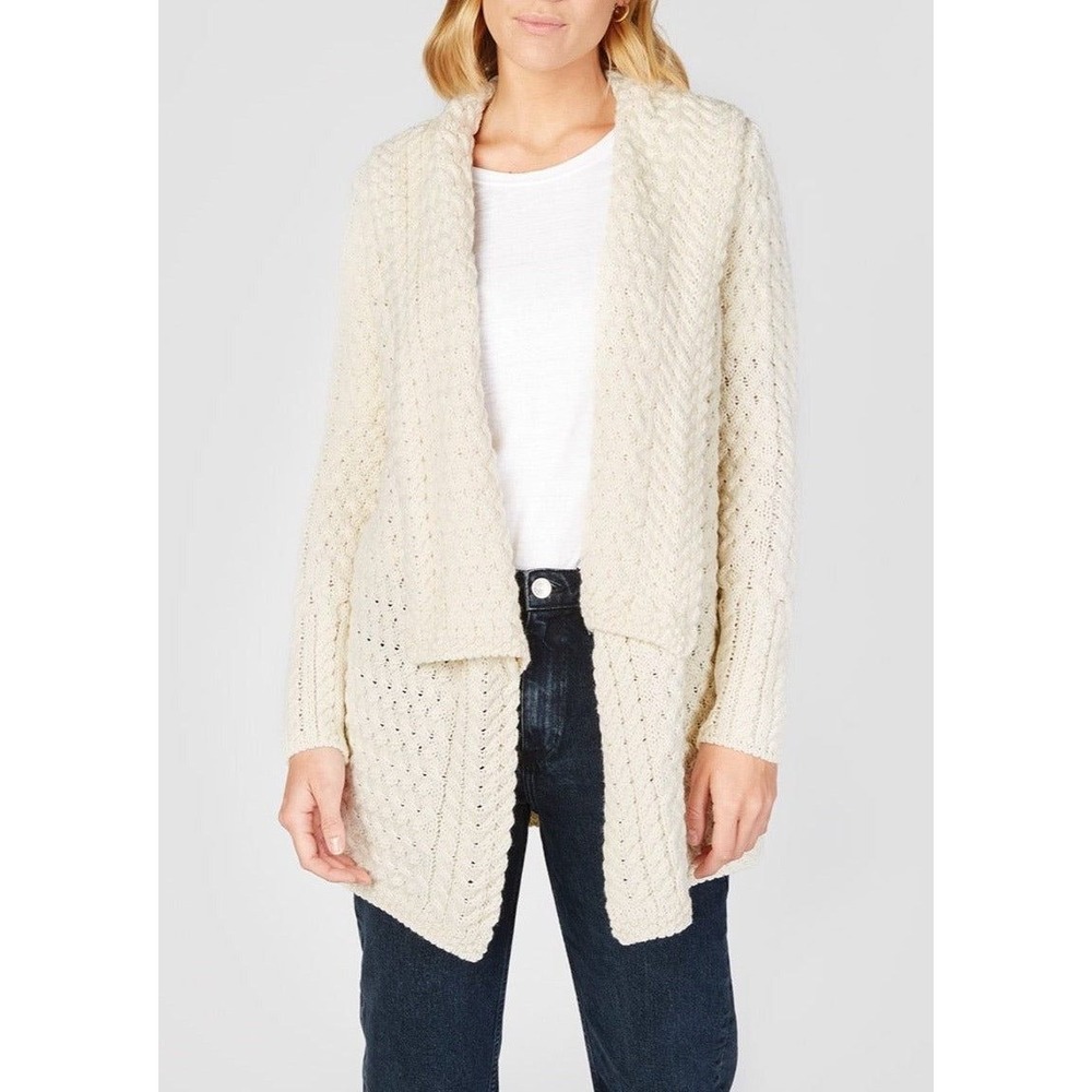 Irelands Eye‎ Glenross Open Cardigan Cable Knit Wool Shawl Collar Cream Size XXL